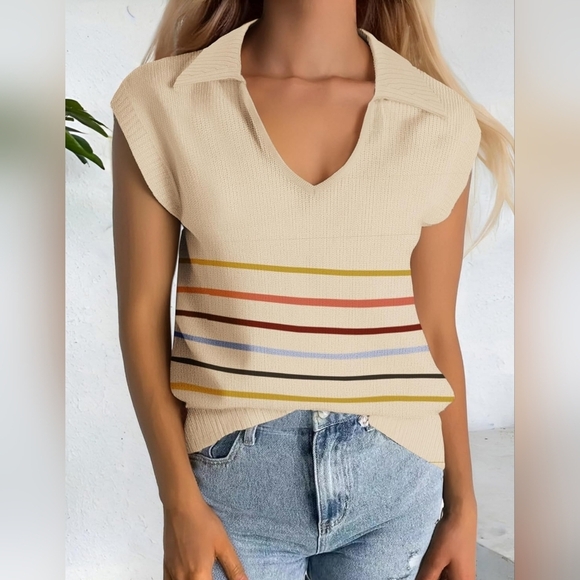 Women's V-Neck Cap Sleeve Oversized Collared Sleeveless Striped Sweater Vest - Picture 1 of 7